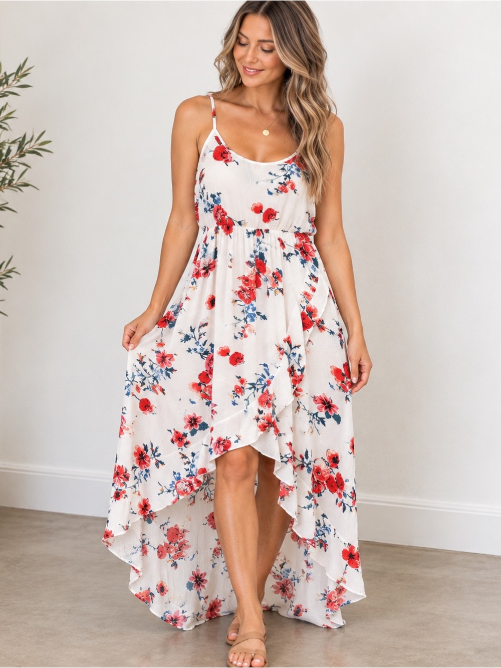 Floral High-Low Sundress with Red Bloom Print